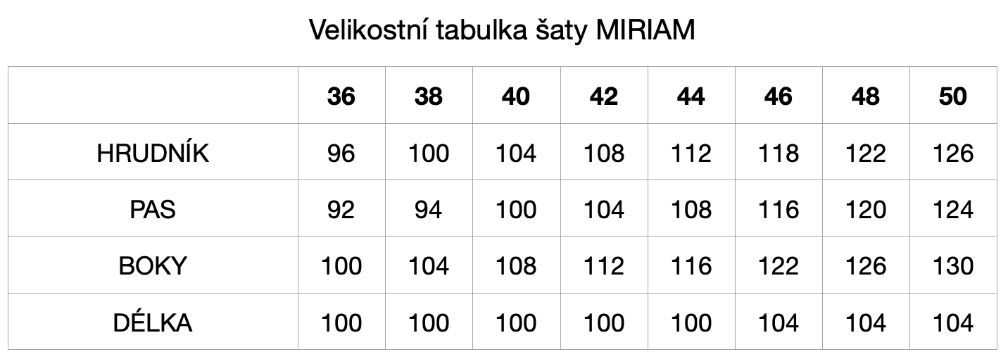 velikostní tabulka MIRIAM